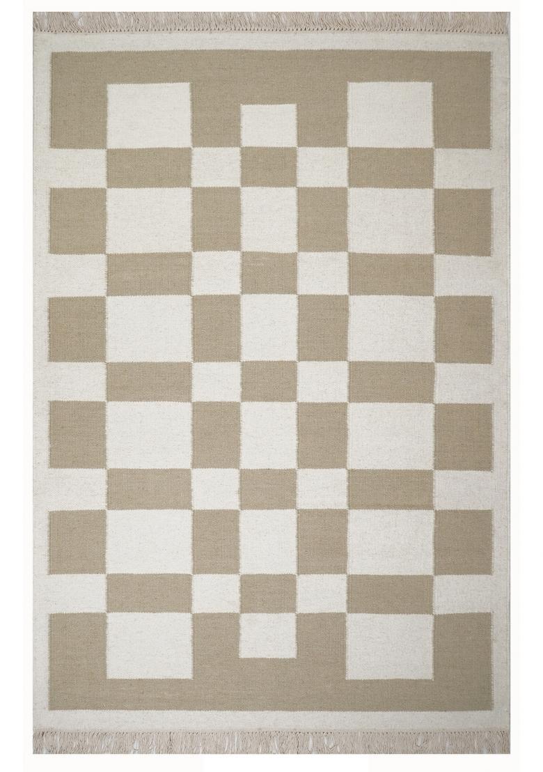 Saffron Rugs Flat Woven Beige Checkered Contemporary Rectangular Wool Area Rug - Indya