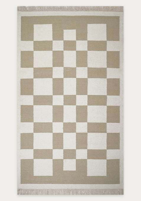100% Wool Handmade Beige Rug | Contemporary Checkered Flat Weave Reversible Carpet For Living Room