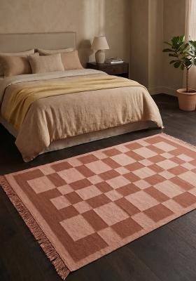 Saffron Rugs Flat Woven Terracotta Pink Checkered Contemporary Rectangular Wool Area Rug