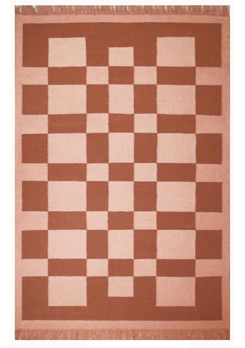 Saffron Rugs Flat Woven Terracotta Pink Checkered Contemporary Rectangular Wool Area Rug - Indya