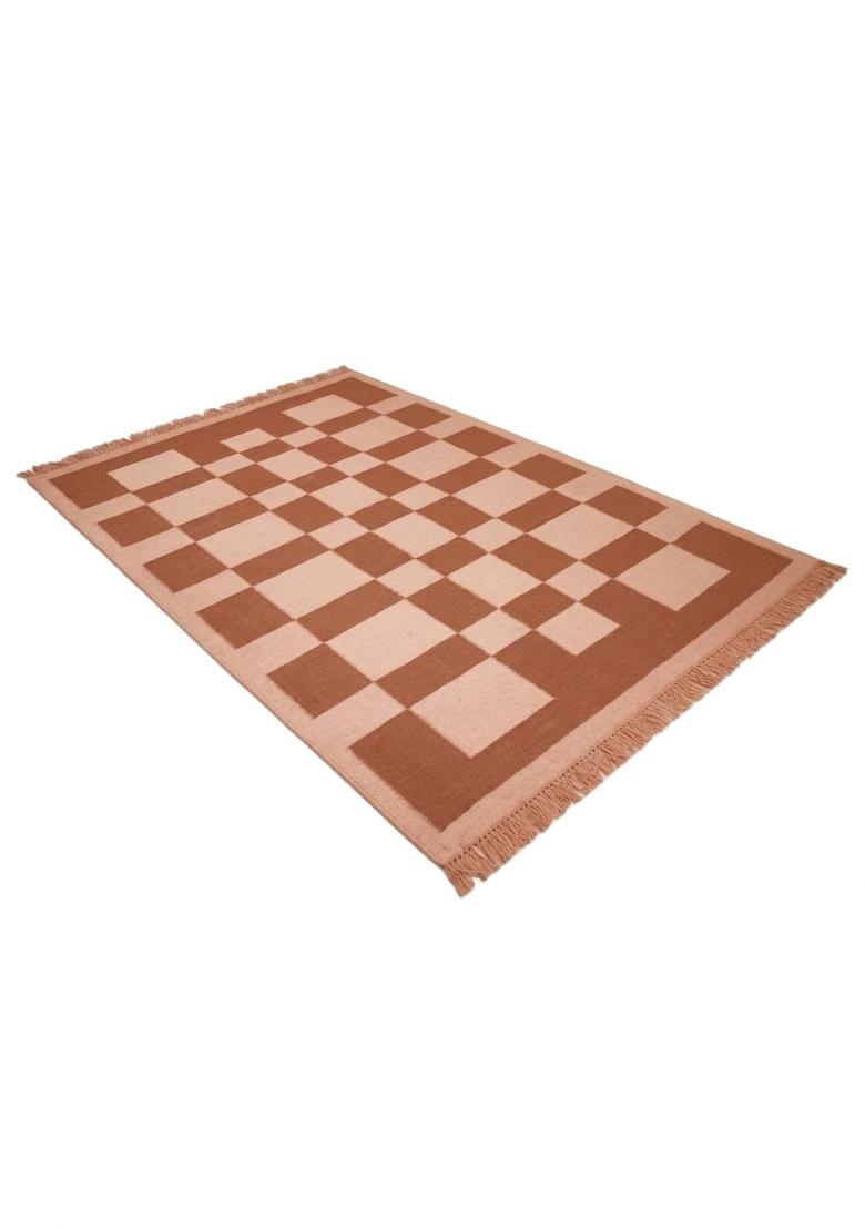 Saffron Rugs Flat Woven Terracotta Pink Checkered Contemporary Rectangular Wool Area Rug - Indya