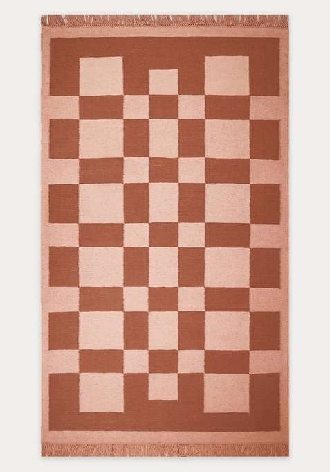 100% Wool Handmade Terracotta Pink Rug | Contemporary Checkered Flat Weave Reversible Carpet For Living Room