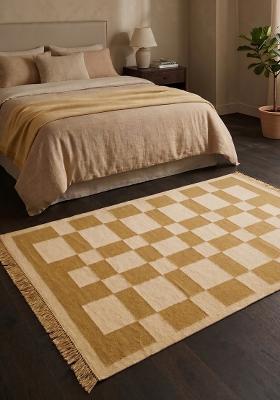 Saffron Rugs Flat Woven Mustard Gold Checkered Contemporary Rectangular Wool Area Rug