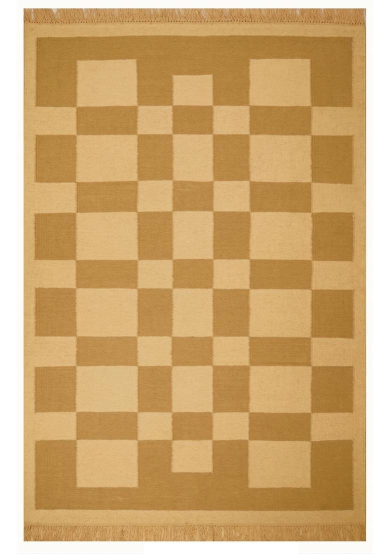 Saffron Rugs Flat Woven Mustard Gold Checkered Contemporary Rectangular Wool Area Rug - Indya