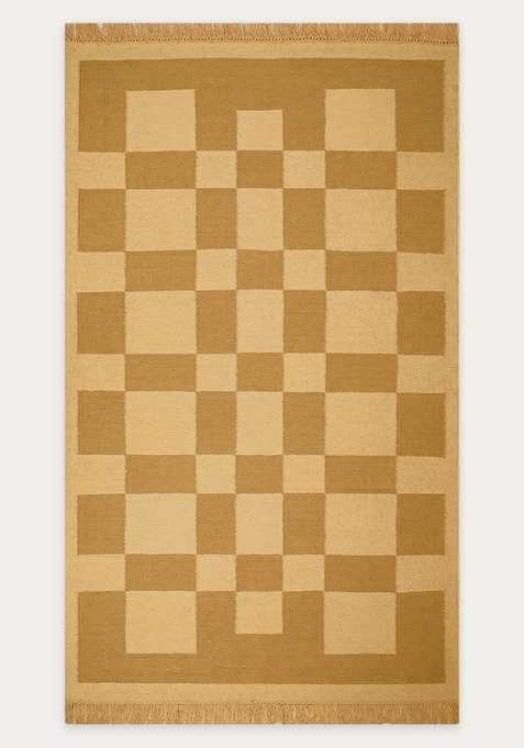 100% Wool Handmade Mustard Gold Rug | Contemporary Checkered Flat Weave Reversible Carpet For Living Room