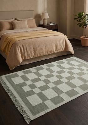 Saffron Rugs Flat Woven Sage Green Checkered Contemporary Rectangular Wool Area Rug