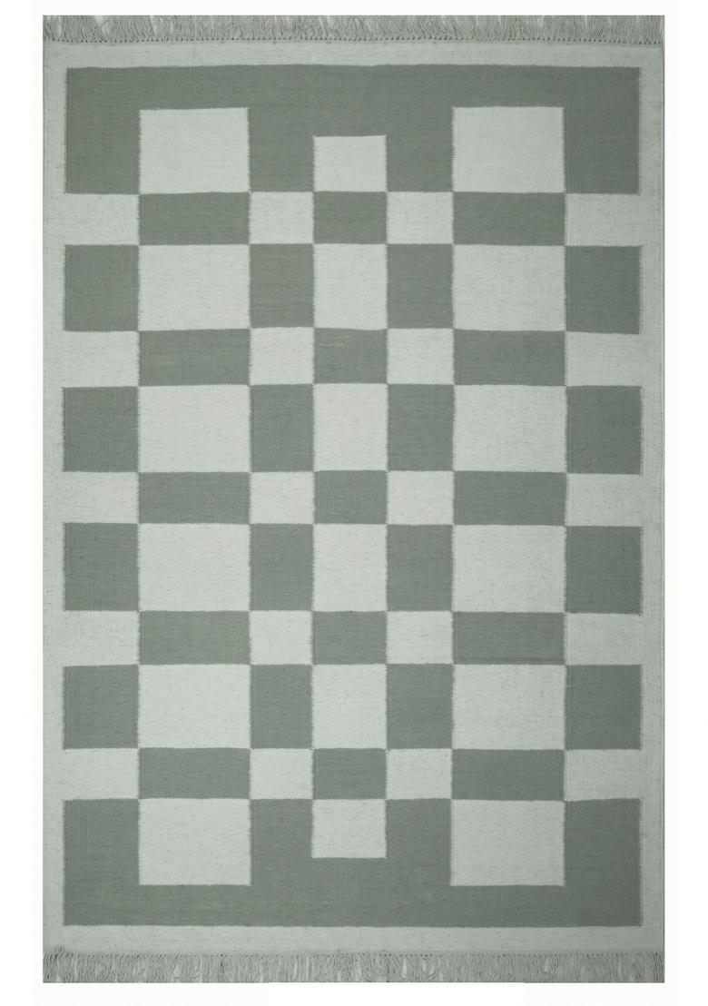 Saffron Rugs Flat Woven Sage Green Checkered Contemporary Rectangular Wool Area Rug - Indya