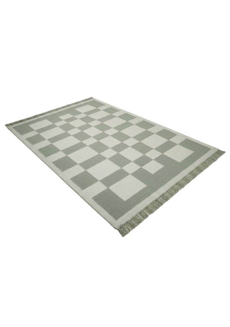 Saffron Rugs Flat Woven Sage Green Checkered Contemporary Rectangular Wool Area Rug - Indya