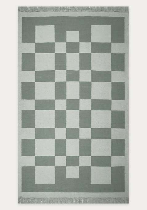 100% Wool Handmade Sage Green Rug | Contemporary Checkered Flat Weave Reversible Carpet For Living Room