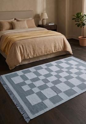 Saffron Rugs Flat Woven Grey Blue Checkered Contemporary Rectangular Wool Area Rug