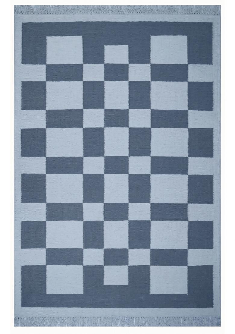 Saffron Rugs Flat Woven Grey Blue Checkered Contemporary Rectangular Wool Area Rug - Indya