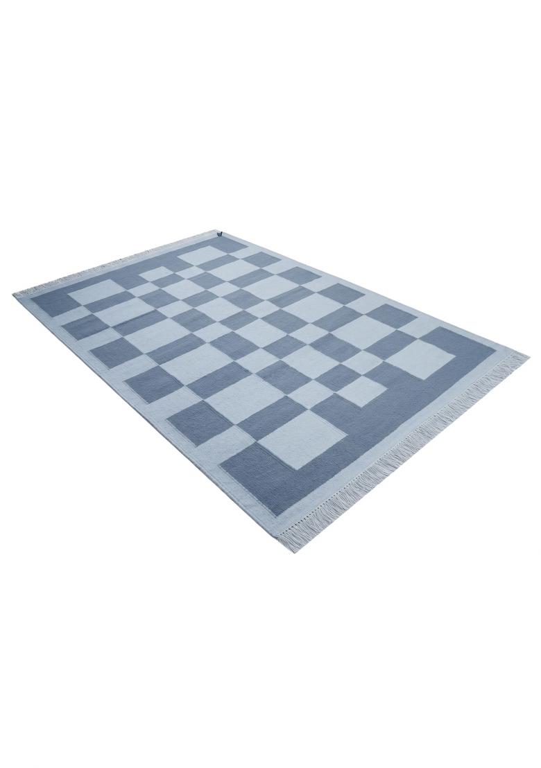 Saffron Rugs Flat Woven Grey Blue Checkered Contemporary Rectangular Wool Area Rug - Indya