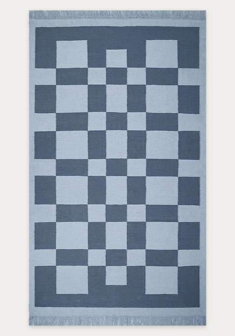 100% Wool Handmade Grey Blue Rug | Contemporary Checkered Flat Weave Reversible Carpet For Living Room