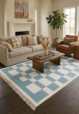 Saffron Rugs Flat Woven Blue and Ivory Checkered Contemporary Rectangular Wool Area Rug
