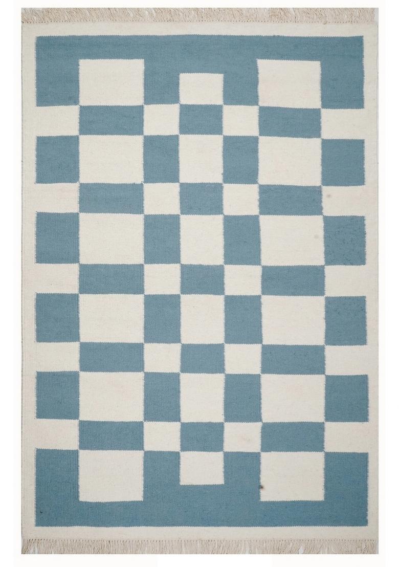 Saffron Rugs Flat Woven Blue and Ivory Checkered Contemporary Rectangular Wool Area Rug - Indya