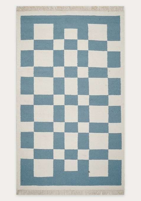 100% Wool Handmade Blue And Ivory Rug | Contemporary Checkered Flat Weave Reversible Carpet For Living Room