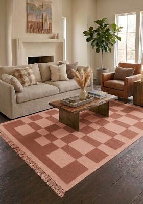 Saffron Rugs Flat Woven Terracotta Pink Checkered Contemporary Rectangular Wool Area Rug