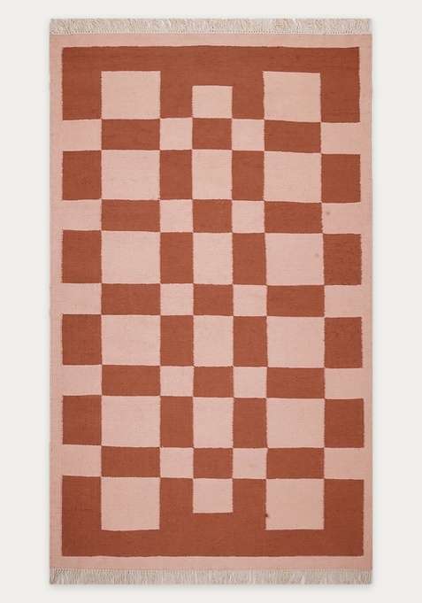 100% Wool Handmade Terracotta Pink Rug | Contemporary Checkered Flat Weave Reversible Carpet For Living Room