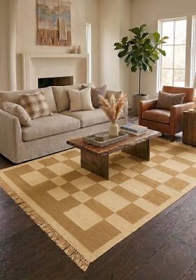 Saffron Rugs Flat Woven Mustard Beige Checkered Contemporary Rectangular Wool Area Rug