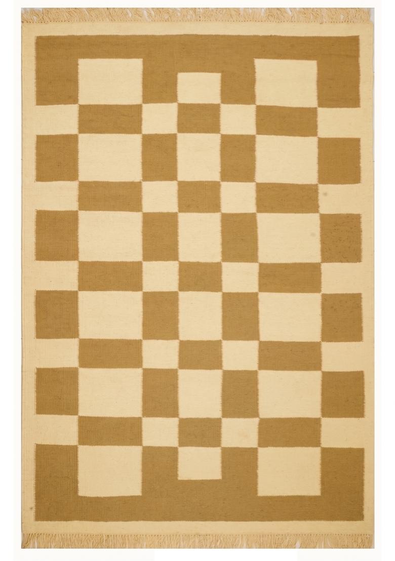 Saffron Rugs Flat Woven Mustard Beige Checkered Contemporary Rectangular Wool Area Rug - Indya