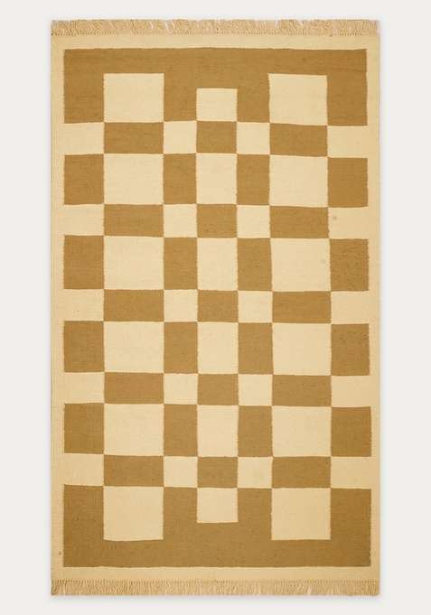 100% Wool Handmade Mustard Beige Rug | Contemporary Checkered Flat Weave Reversible Carpet For Living Room