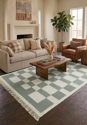 Saffron Rugs Flat Woven Sage Green Checkered Contemporary Rectangular Wool Area Rug