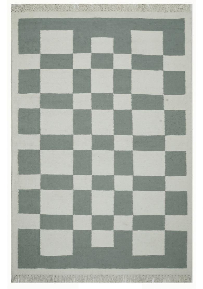 Saffron Rugs Flat Woven Sage Green Checkered Contemporary Rectangular Wool Area Rug - Indya