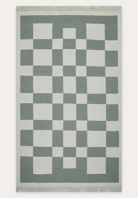 100% Wool Handmade Sage Green Rug | Contemporary Checkered Flat Weave Reversible Carpet For Living Room