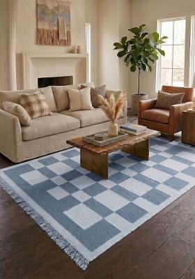 Saffron Rugs Flat Woven Slate Blue Checkered Contemporary Rectangular Wool Area Rug