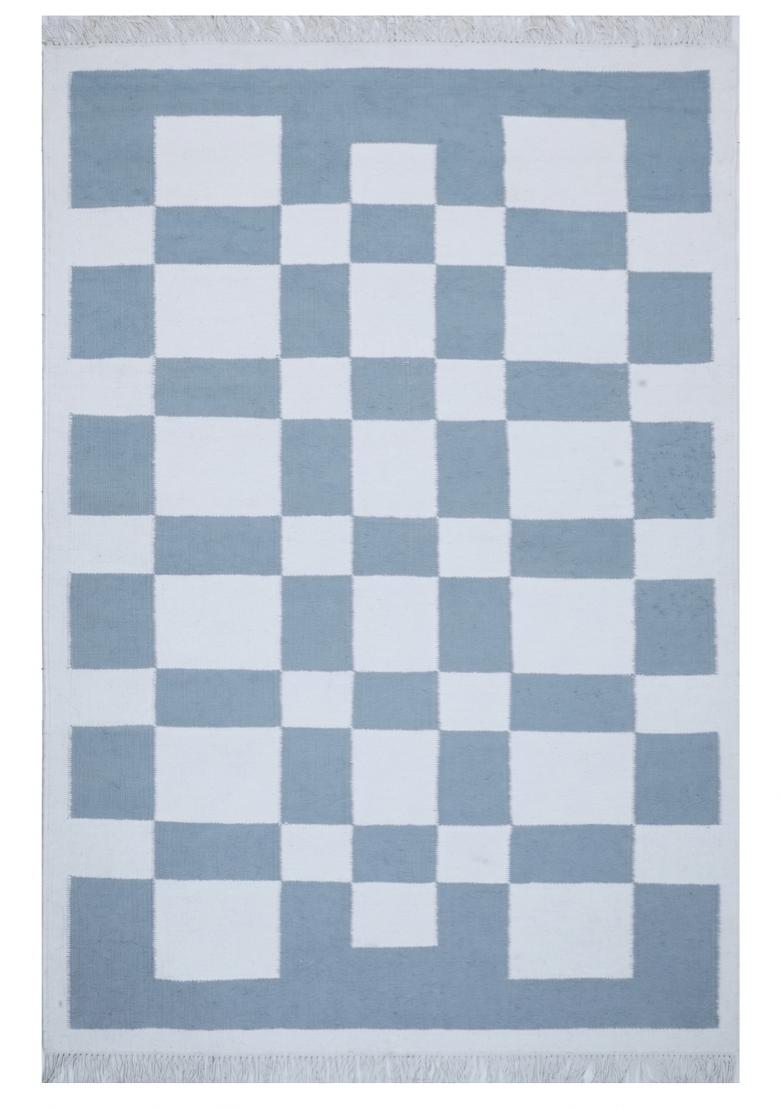 Saffron Rugs Flat Woven Slate Blue Checkered Contemporary Rectangular Wool Area Rug - Indya