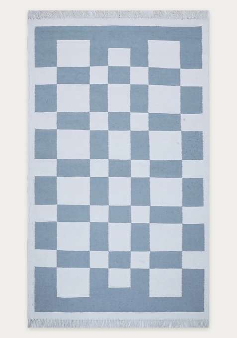100% Wool Handmade Slate Blue Rug | Contemporary Checkered Flat Weave Reversible Carpet For Living Room