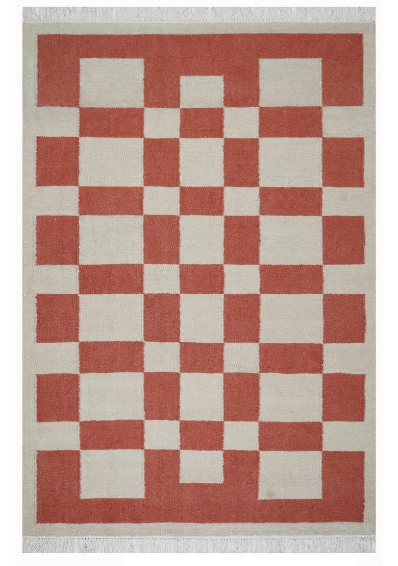 Saffron Rugs Flat Woven Terracotta Checkered Contemporary Rectangular Wool Area Rug - Indya