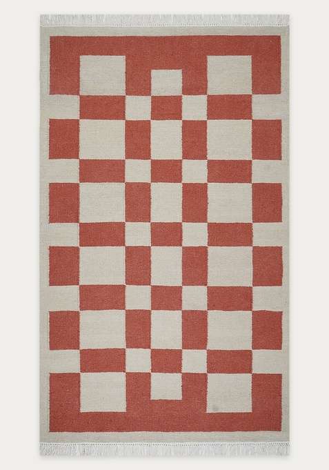 100% Wool Handmade Terracotta Rug | Contemporary Checkered Flat Weave Reversible Carpet For Living Room