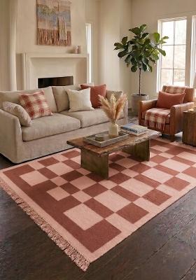 Saffron Rugs Flat Woven Terracotta Pink Checkered Contemporary Rectangular Wool Area Rug
