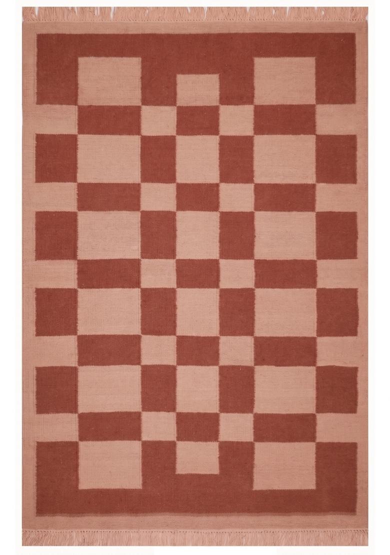 Saffron Rugs Flat Woven Terracotta Pink Checkered Contemporary Rectangular Wool Area Rug - Indya