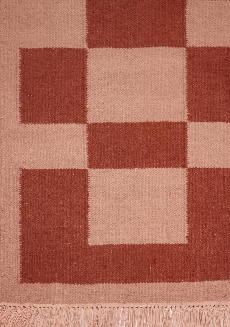 Saffron Rugs Flat Woven Terracotta Pink Checkered Contemporary Rectangular Wool Area Rug - Indya