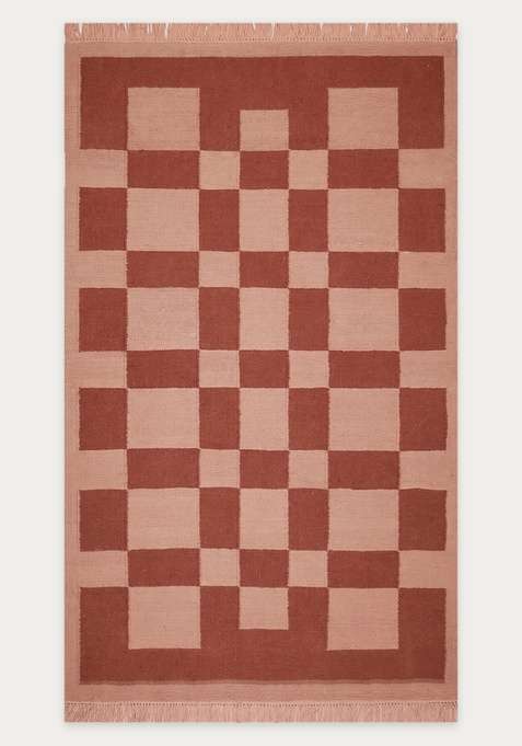 100% Wool Handmade Terracotta Pink Rug | Contemporary Checkered Flat Weave Reversible Carpet For Living Room