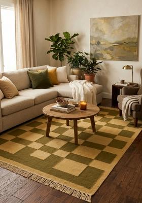 Saffron Rugs Flat Woven Olive Green Checkered Contemporary Rectangular Wool Area Rug