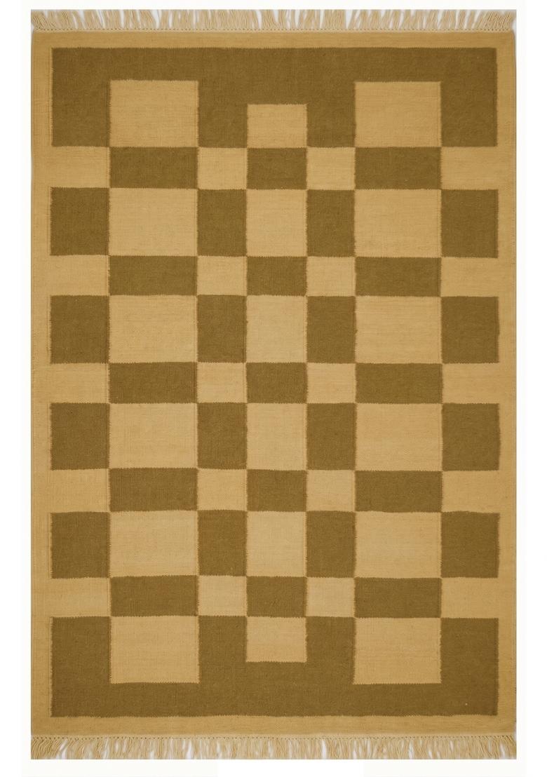 Saffron Rugs Flat Woven Olive Green Checkered Contemporary Rectangular Wool Area Rug - Indya