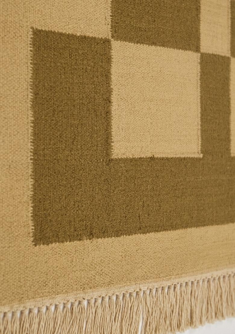 Saffron Rugs Flat Woven Olive Green Checkered Contemporary Rectangular Wool Area Rug - Indya