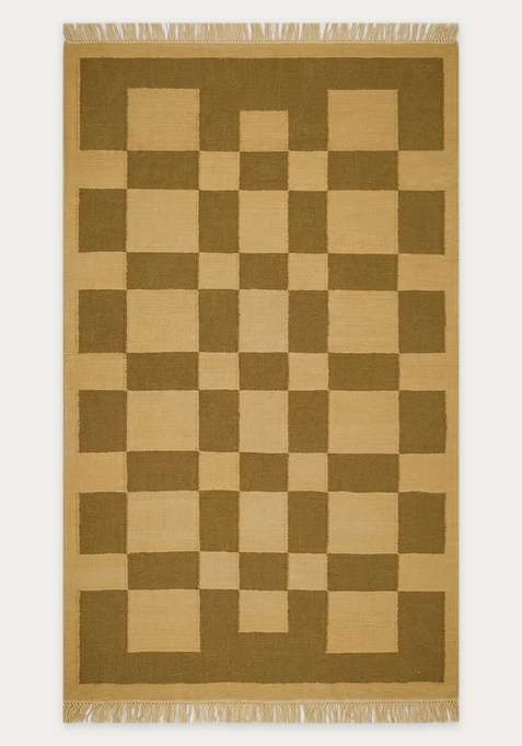 100% Wool Handmade Olive Green Rug | Contemporary Checkered Flat Weave Reversible Carpet For Living Room