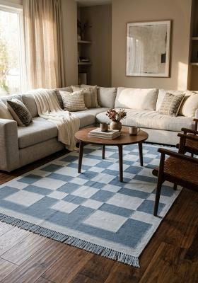 Saffron Rugs Flat Woven Blue Grey Checkered Contemporary Rectangular Wool Area Rug