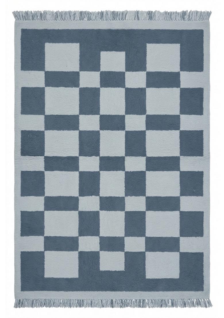 Saffron Rugs Flat Woven Blue Grey Checkered Contemporary Rectangular Wool Area Rug - Indya