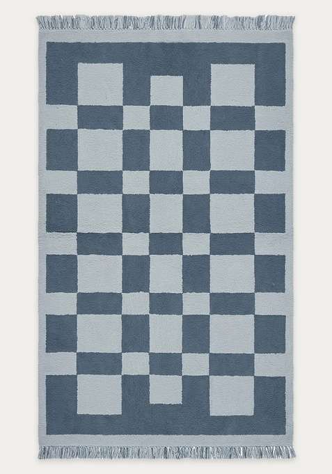 100% Wool Handmade Blue Grey Rug | Contemporary Checkered Flat Weave Reversible Carpet For Living Room