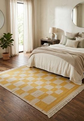 Saffron Rugs Flat Woven Yellow Checkered Scandinavian Rectangular Wool Area Rug
