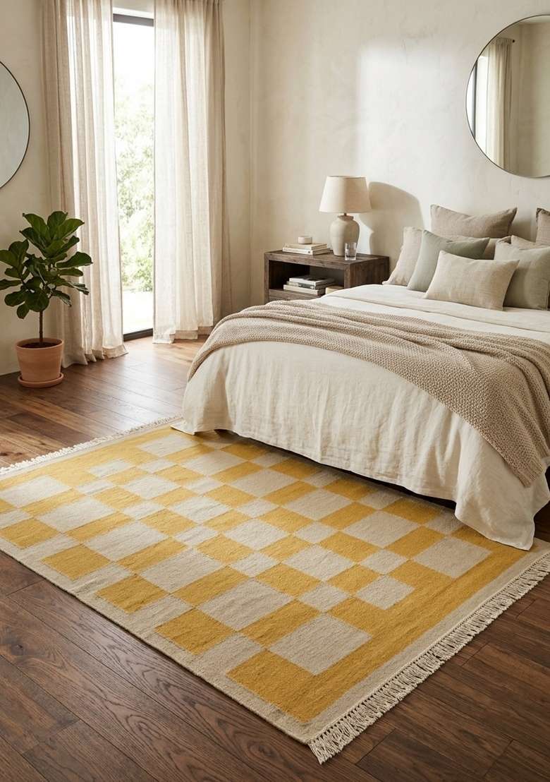Saffron Rugs Handmade Wool Dhurrie Flat Weave Rectangular Rug – Yellow Scandinavian Checkered Kilim Style Carpet for Bedroom, Made in India - Indya