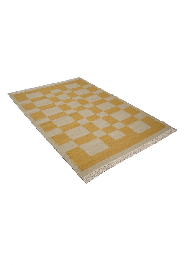 Saffron Rugs Flat Woven Yellow Checkered Scandinavian Rectangular Wool Area Rug - Indya
