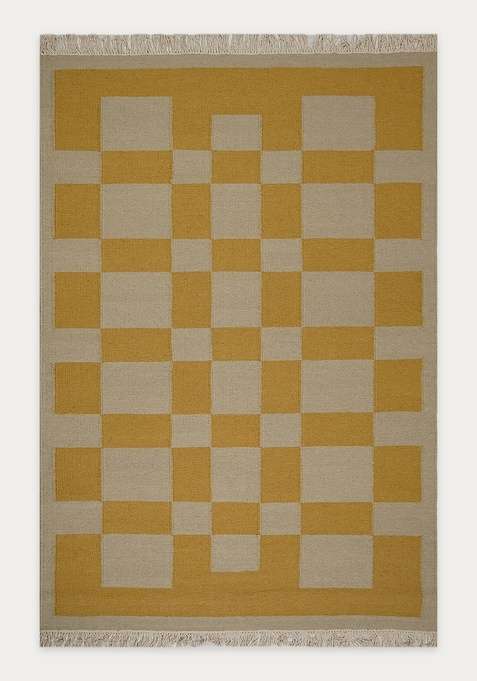 100% Wool Handmade Yellow Rug | Scandinavian Checkered Flat Weave Reversible Carpet For Living Room