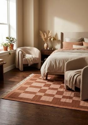 Saffron Rugs Flat Woven Terracotta Brown Checkered Scandinavian Rectangular Wool Area Rug