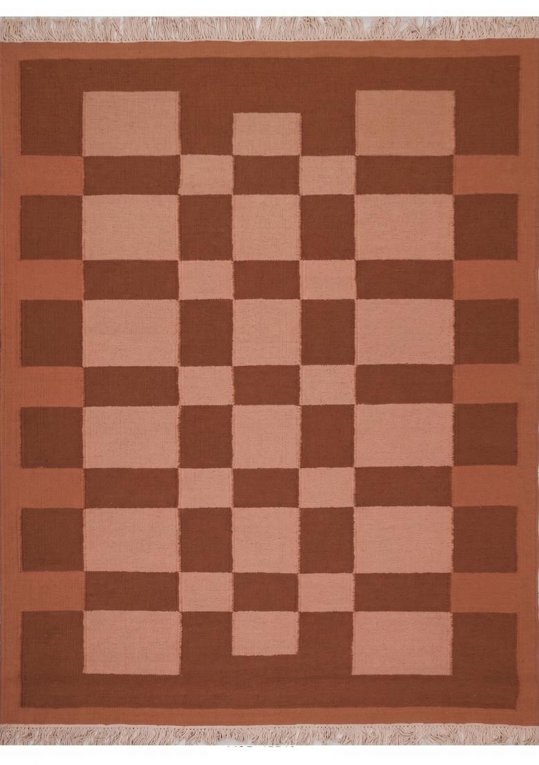 Saffron Rugs Flat Woven Terracotta Brown Checkered Scandinavian Rectangular Wool Area Rug - Indya